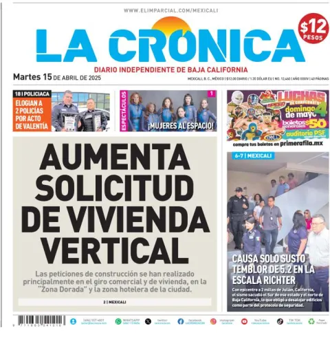 Portada de La Cronica del martes, 15 de abril de 2025