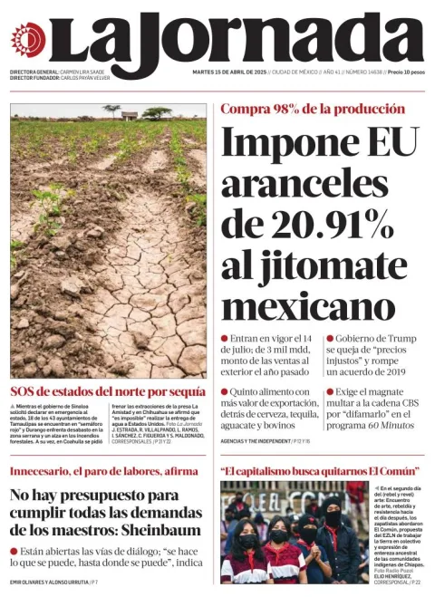 Portada de La Jornada del martes, 15 de abril de 2025