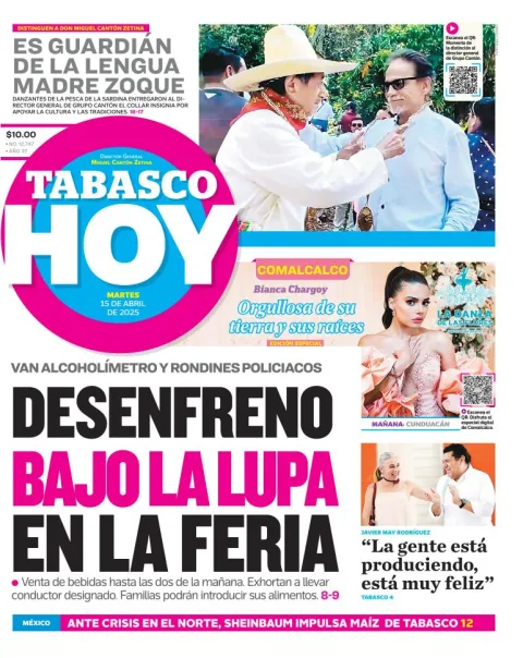 Portada de Tabasco Hoy del martes, 15 de abril de 2025