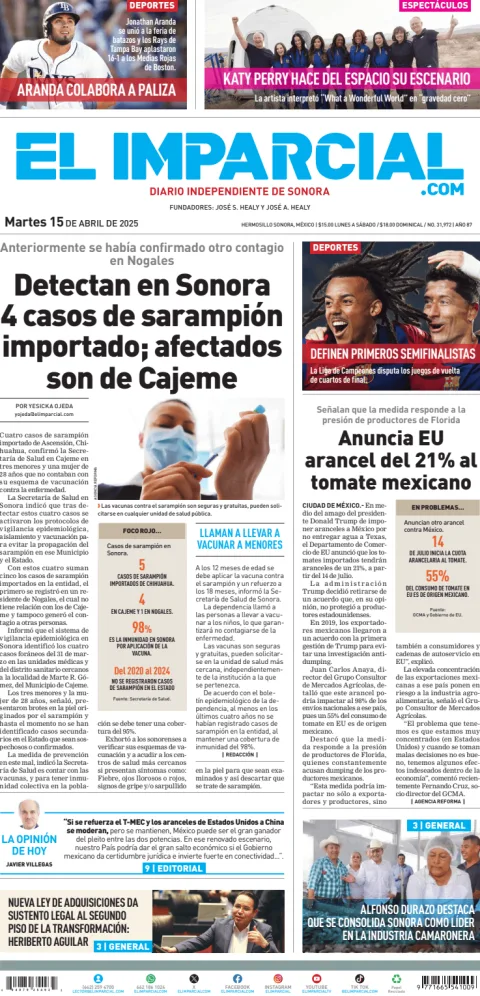 Portada de El Imparcial del martes, 15 de abril de 2025
