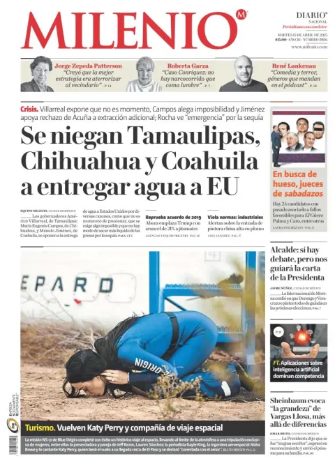 Portada de Milenio del martes, 15 de abril de 2025