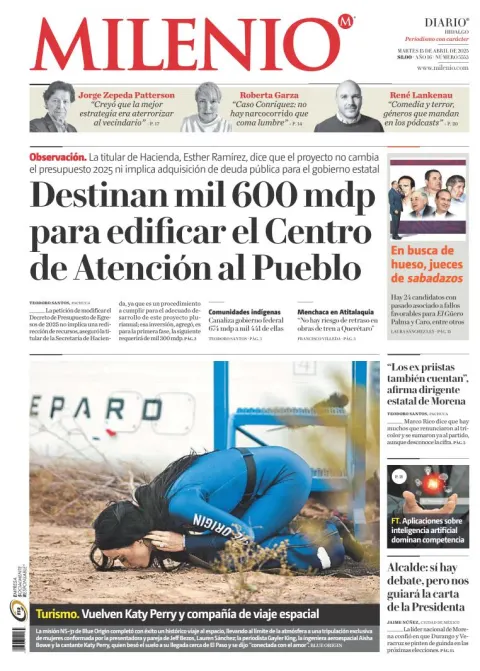 Portada de Milenio Hidalgo del martes, 15 de abril de 2025