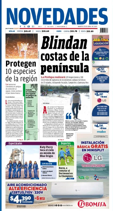 Portada de Novedades Quintana Roo del martes, 15 de abril de 2025