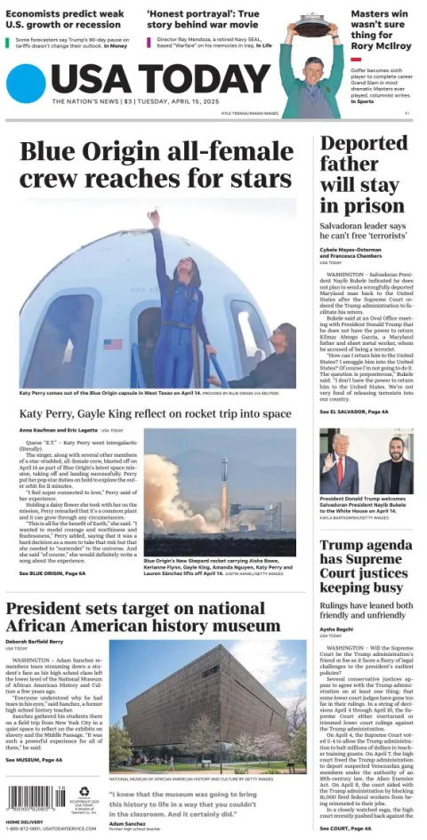 Portada de Usa Today del martes, 15 de abril de 2025