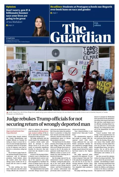 Portada de The Guardian (usa) del miércoles, 16 de abril de 2025
