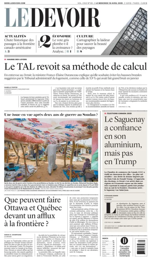Portada de Le Devoir del miércoles, 16 de abril de 2025
