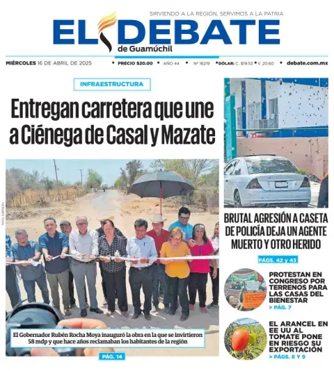 Portada de El Debate de Guamuchil del miércoles, 16 de abril de 2025