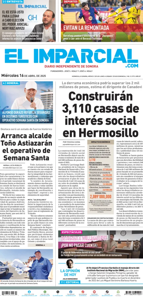 Portada de El Imparcial del miércoles, 16 de abril de 2025