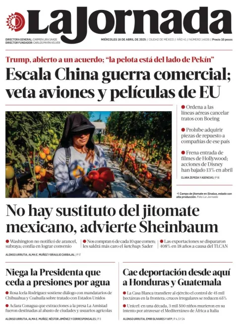 Portada de La Jornada del miércoles, 16 de abril de 2025