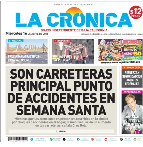 Portada de La Cronica del miércoles, 16 de abril de 2025