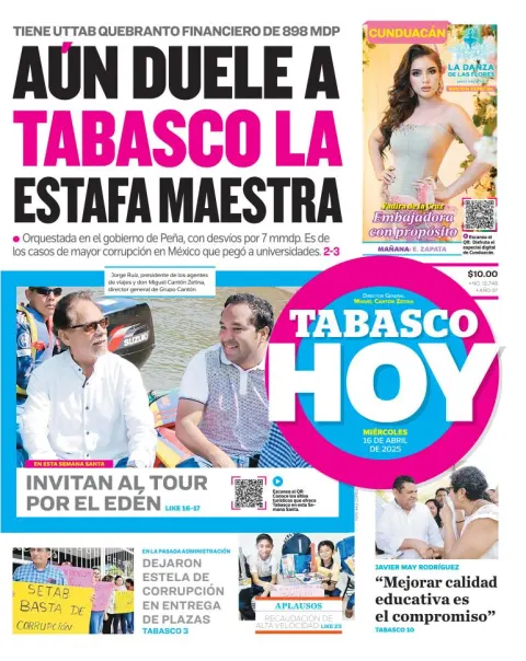 Portada de Tabasco Hoy del miércoles, 16 de abril de 2025