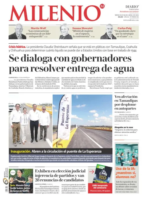 Portada de Milenio Tamaulipas del miércoles, 16 de abril de 2025