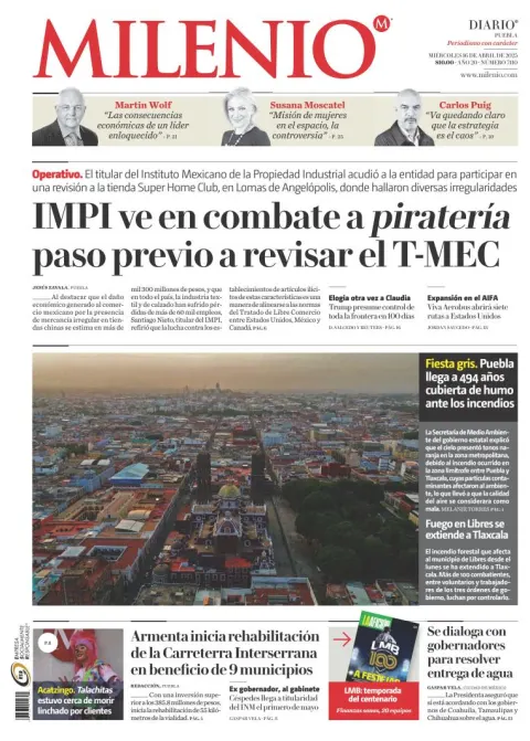 Portada de Milenio Puebla del miércoles, 16 de abril de 2025