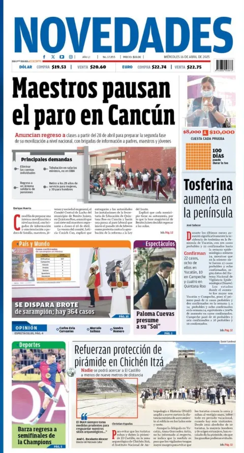 Portada de Novedades Quintana Roo del miércoles, 16 de abril de 2025
