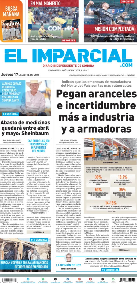 Portada de El Imparcial del jueves, 17 de abril de 2025