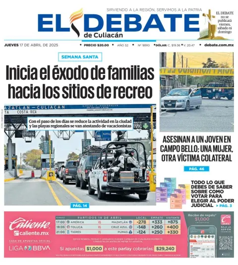 Portada de El Debate de Culiacan del jueves, 17 de abril de 2025