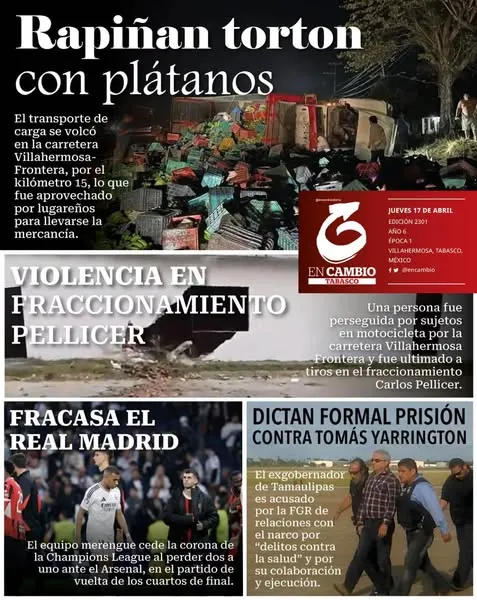 Portada de En Cambio - Tabasco (contraportada) del jueves, 17 de abril de 2025