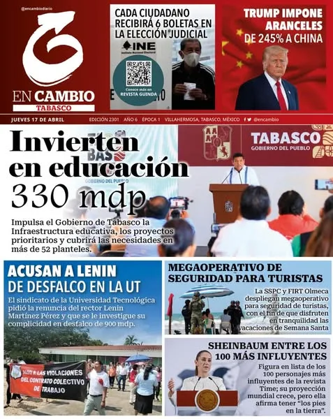 Portada de En Cambio - Tabasco (portada) del jueves, 17 de abril de 2025