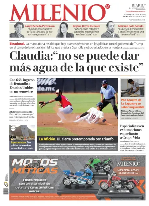 Portada de Milenio Laguna del jueves, 17 de abril de 2025