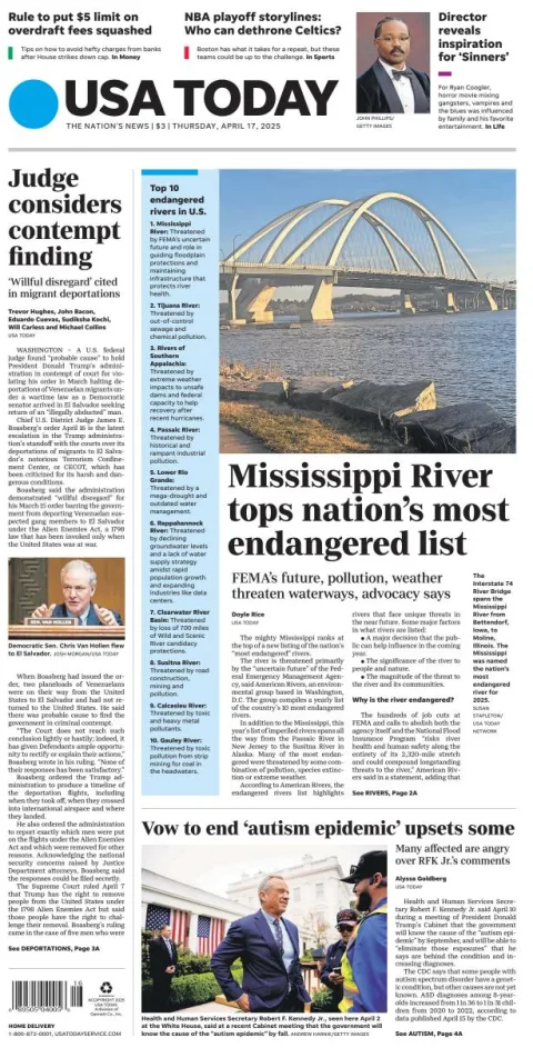 Portada de Usa Today del jueves, 17 de abril de 2025