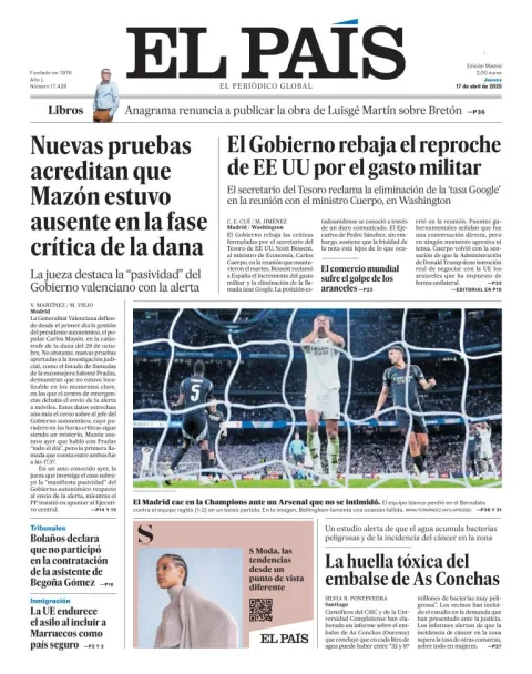 Portada de El Pais del jueves, 17 de abril de 2025