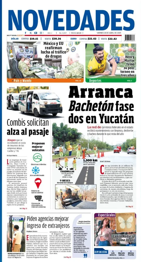 Portada de Novedades Quintana Roo del viernes, 18 de abril de 2025