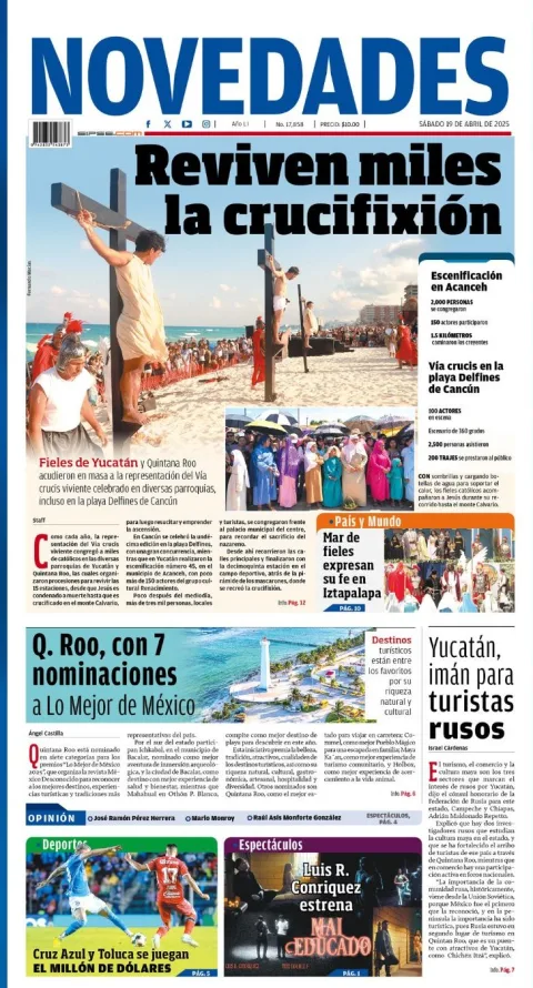 Portada de Novedades Quintana Roo del sábado, 19 de abril de 2025