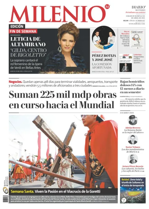 Portada de MILENIO del sábado, 19 de abril de 2025