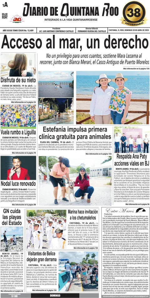 Portada de Diario de Quintana Roo (portada) del domingo, 20 de abril de 2025