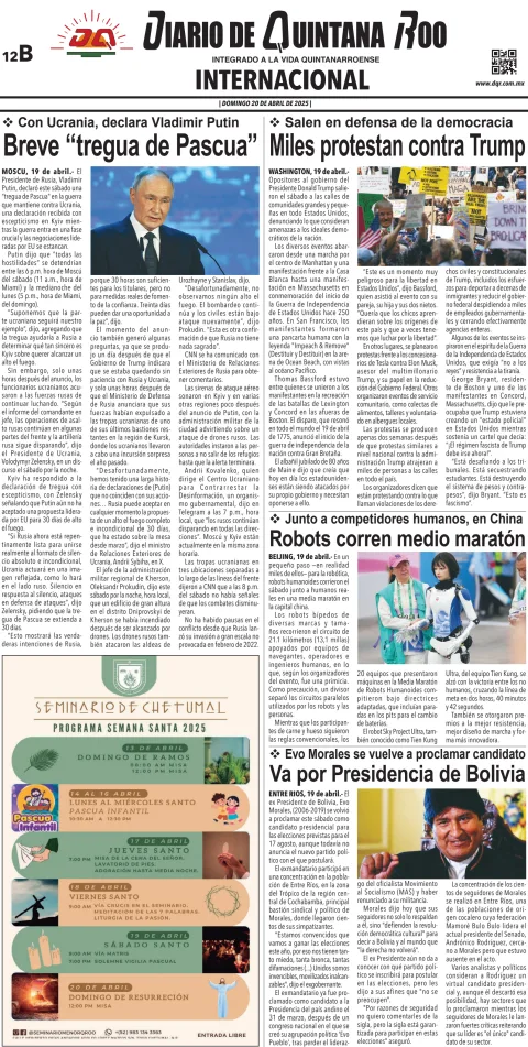 Portada de Diario de Quintana Roo (contra Portada) del domingo, 20 de abril de 2025