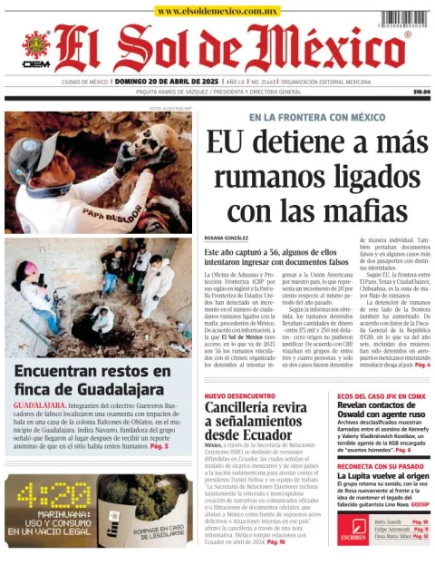 Portada de El Sol de Mexico del domingo, 20 de abril de 2025