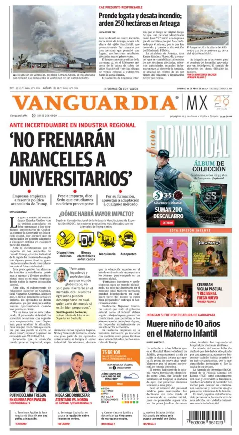 Portada de Vanguardia del domingo, 20 de abril de 2025