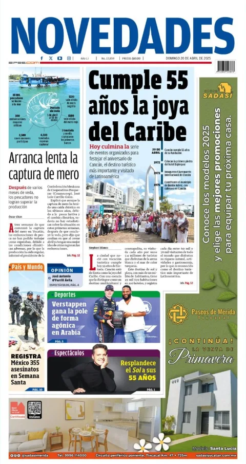 Portada de Novedades Quintana Roo del domingo, 20 de abril de 2025