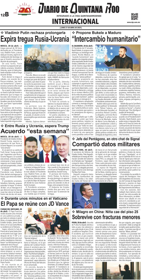 Portada de Diario de Quintana Roo (contra Portada)