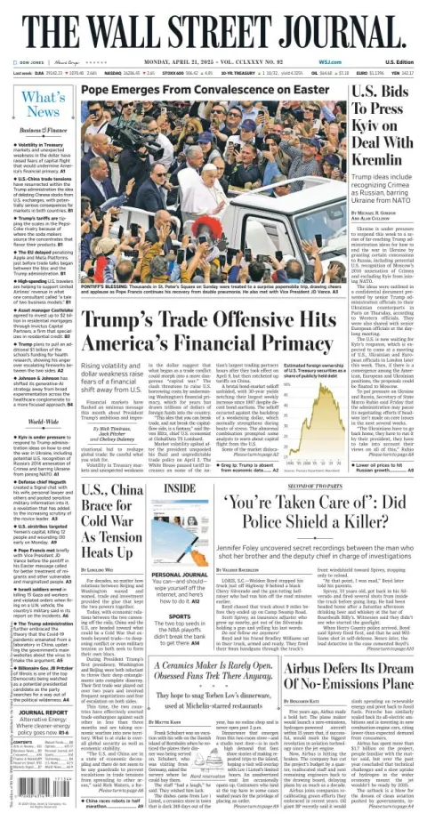 Portada de The Wall Street Journal del lunes, 21 de abril de 2025