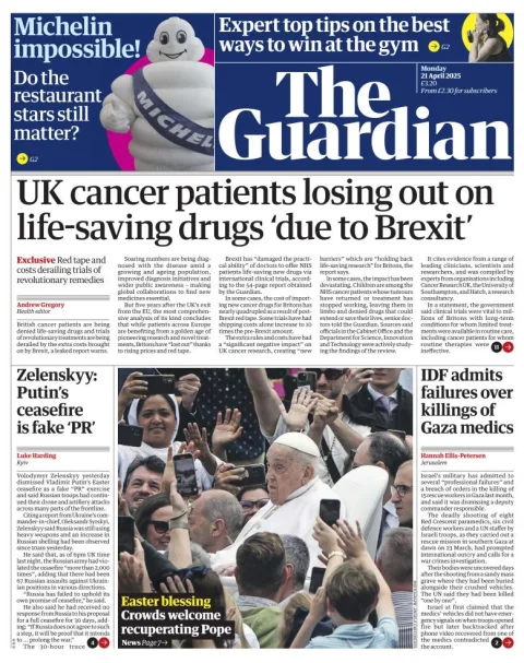 Portada de The Guardian (reino Unido) del lunes, 21 de abril de 2025