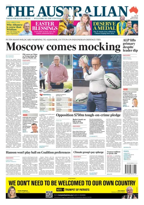 Portada de The Australian del lunes, 21 de abril de 2025