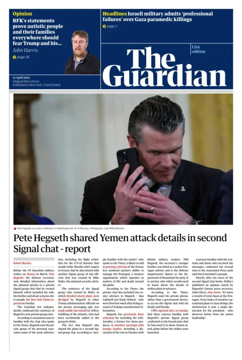 Portada de The Guardian (usa) del lunes, 21 de abril de 2025