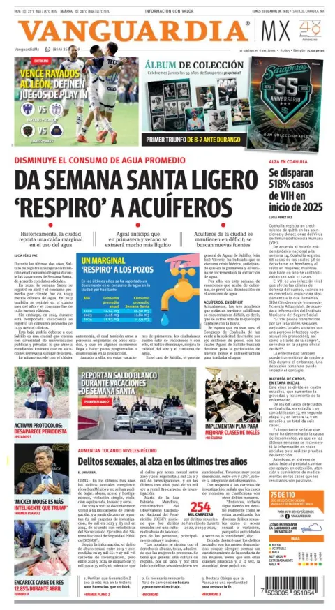 Portada de Vanguardia del lunes, 21 de abril de 2025
