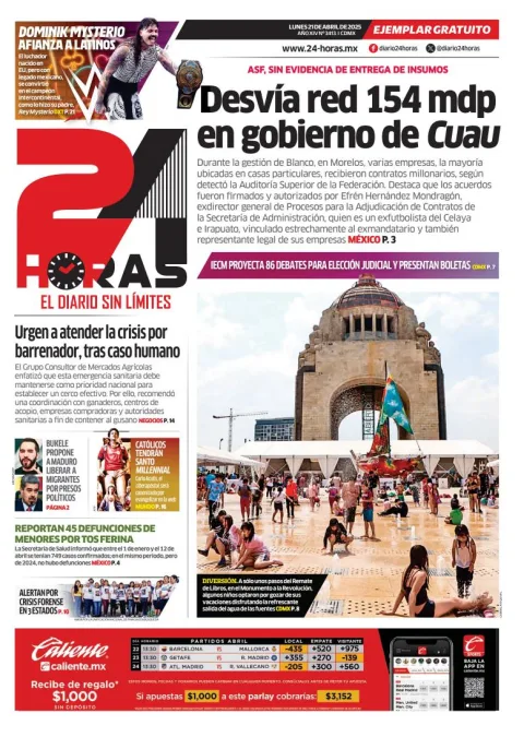 Portada de 24 Horas del lunes, 21 de abril de 2025