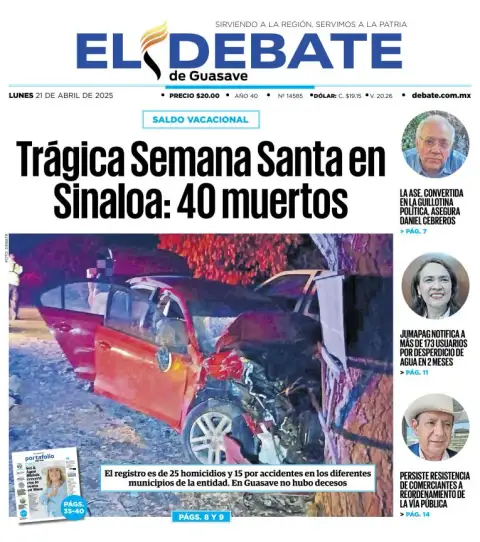 Portada de El Debate de Guasave del lunes, 21 de abril de 2025