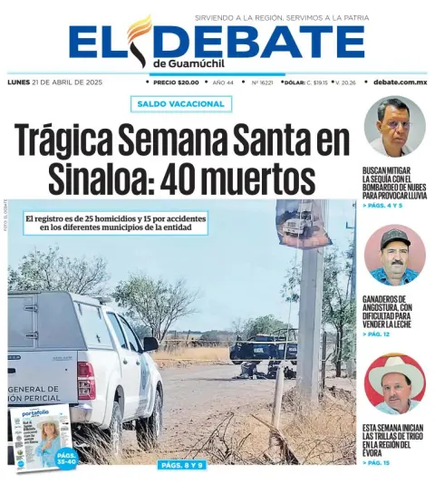 Portada de El Debate de Guamuchil del lunes, 21 de abril de 2025