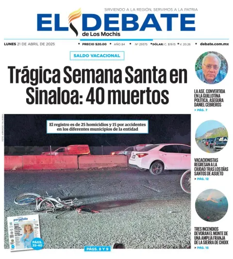 Portada de El Debate de los Mochis del lunes, 21 de abril de 2025