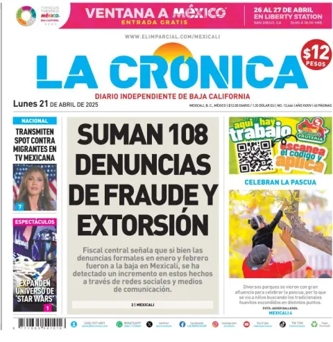 Portada de La Cronica del lunes, 21 de abril de 2025