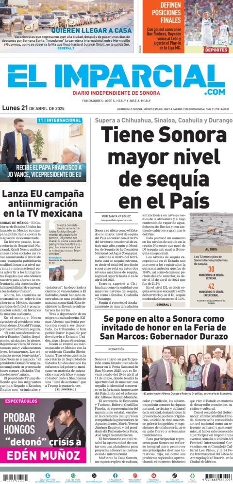 Portada de El Imparcial del lunes, 21 de abril de 2025