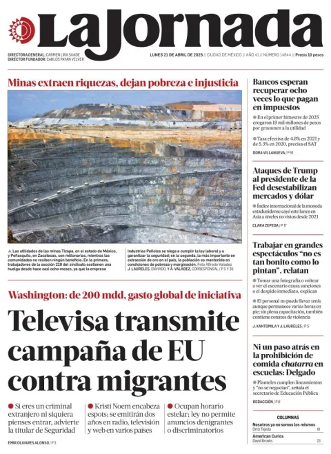 Portada de La Jornada del lunes, 21 de abril de 2025