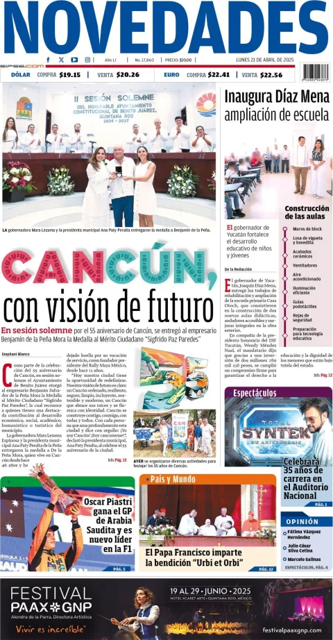Portada de Novedades Quintana Roo del lunes, 21 de abril de 2025