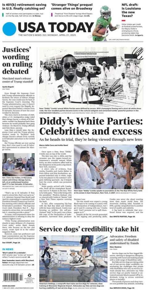 Portada de Usa Today del lunes, 21 de abril de 2025