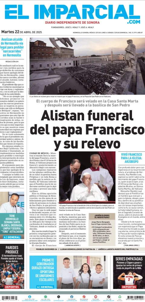 Portada de El Imparcial del martes, 22 de abril de 2025