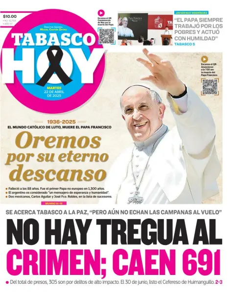 Portada de Tabasco Hoy del martes, 22 de abril de 2025